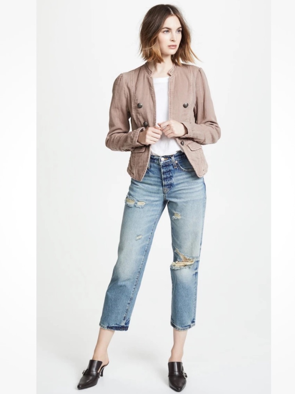 Free People Taupe Double-Breasted Military Blazer